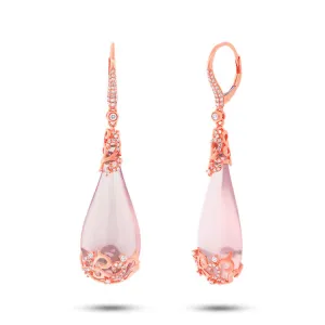 0.67ct Diamond & 44.55ct Rose Quartz 14k Rose Gold Earring