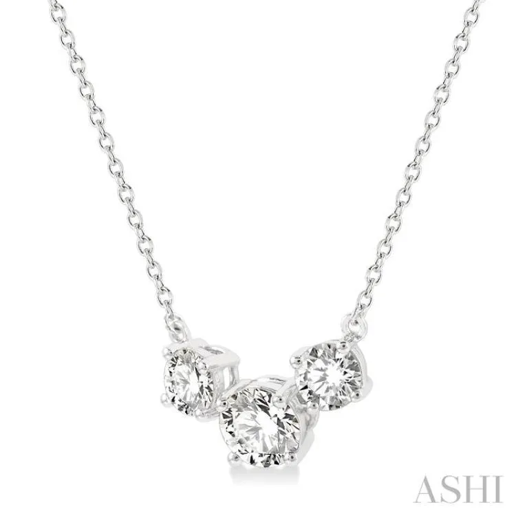 1 Ctw Three Stone Round Cut Diamond Necklace in 14K White Gold