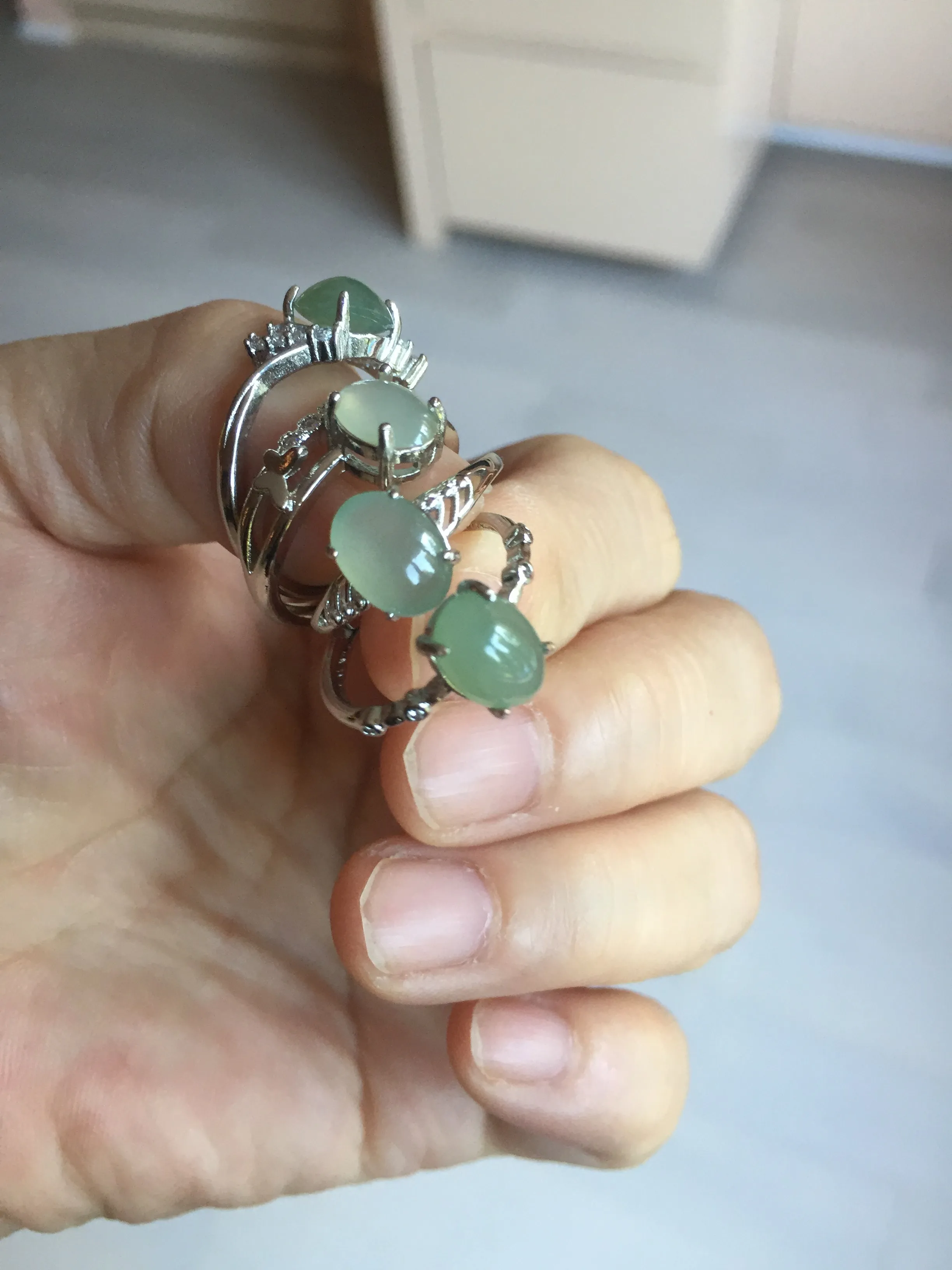 100% natural type A icy watery green dark green four-prong jadeite jade ring group BP145