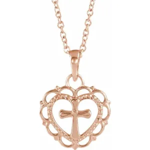 14K Rose Gold Youth Heart with Cross 16-18" Necklace