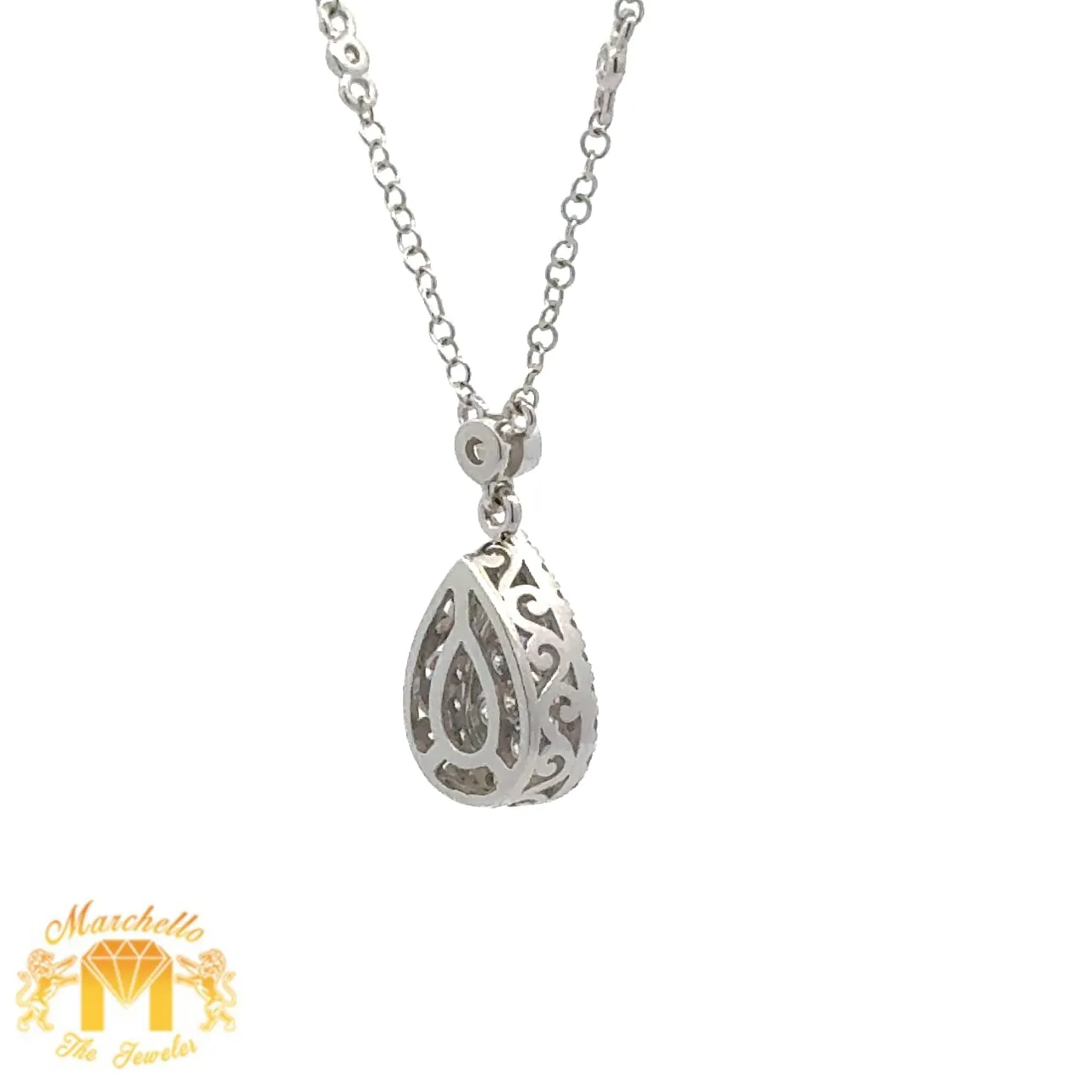 14k White Gold and Diamond Pear Shaped Necklace with Round Diamonds