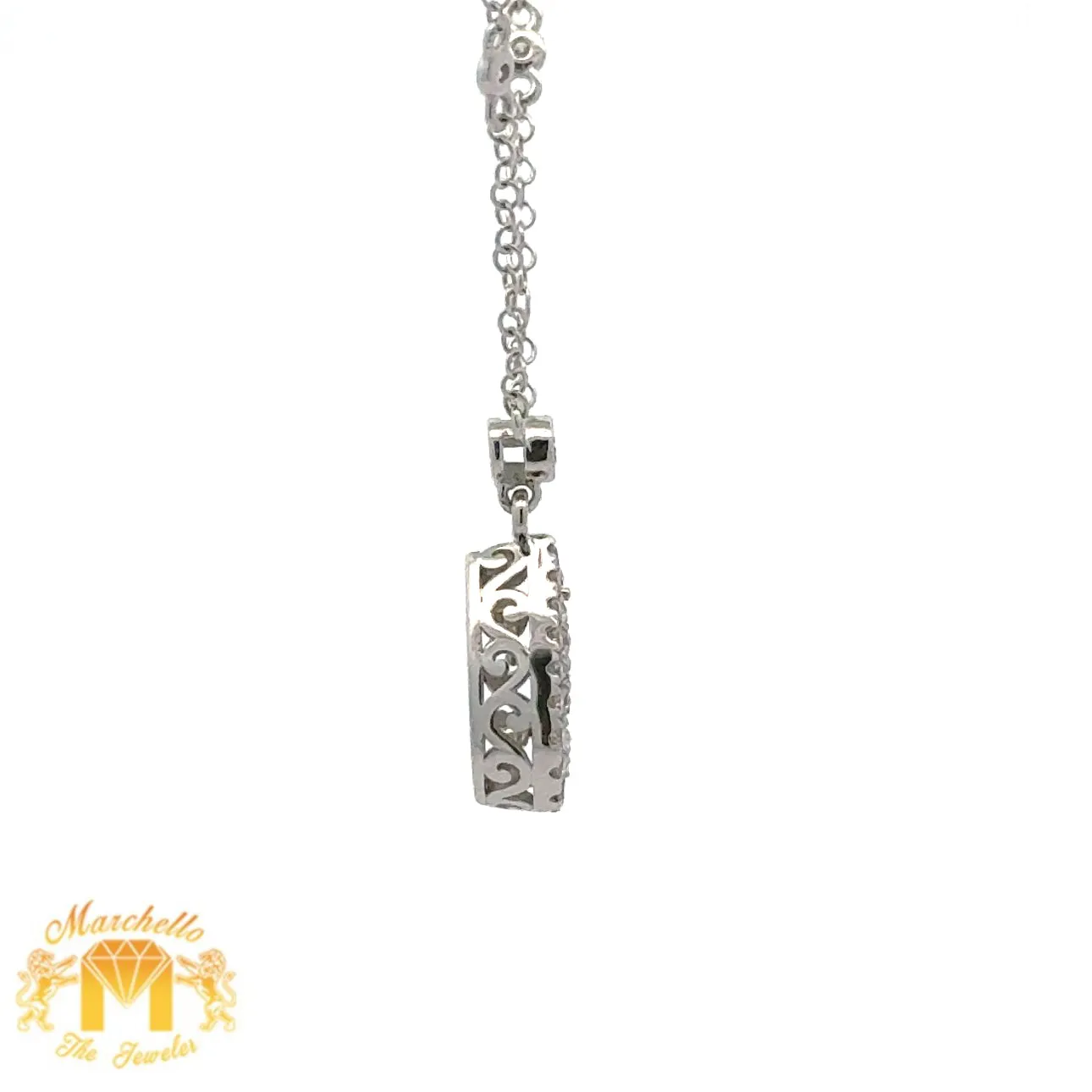 14k White Gold and Diamond Pear Shaped Necklace with Round Diamonds