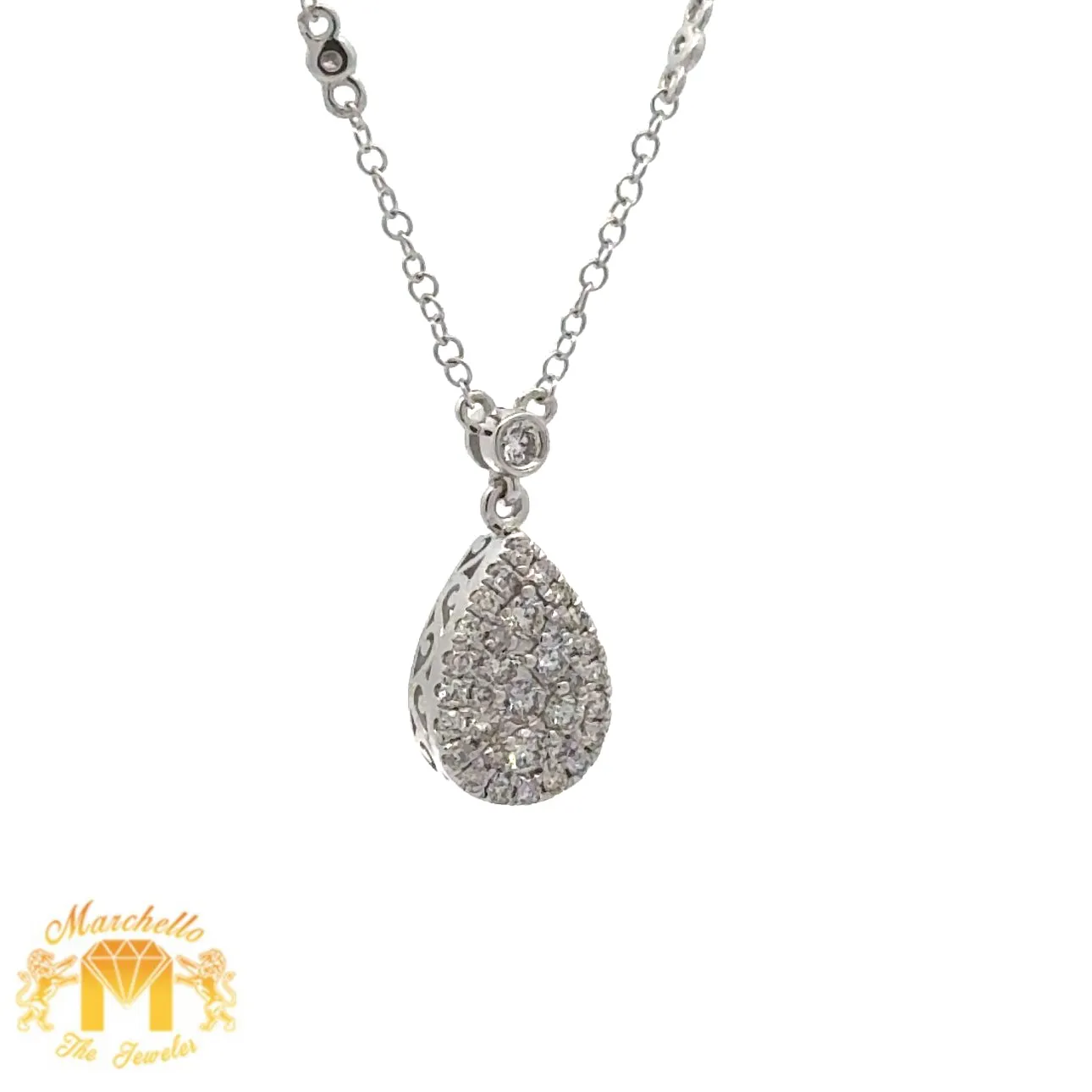 14k White Gold and Diamond Pear Shaped Necklace with Round Diamonds