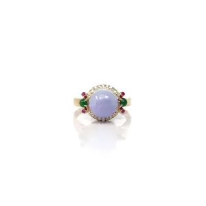 14k Yellow Gold Natural Rich Lavender Oval Jadeite Jade Engagement Ring With Diamonds