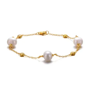 14k Yellow Gold Plated with Freshwater Pearl & Cubic Zirconia Bezel Station Bracelet