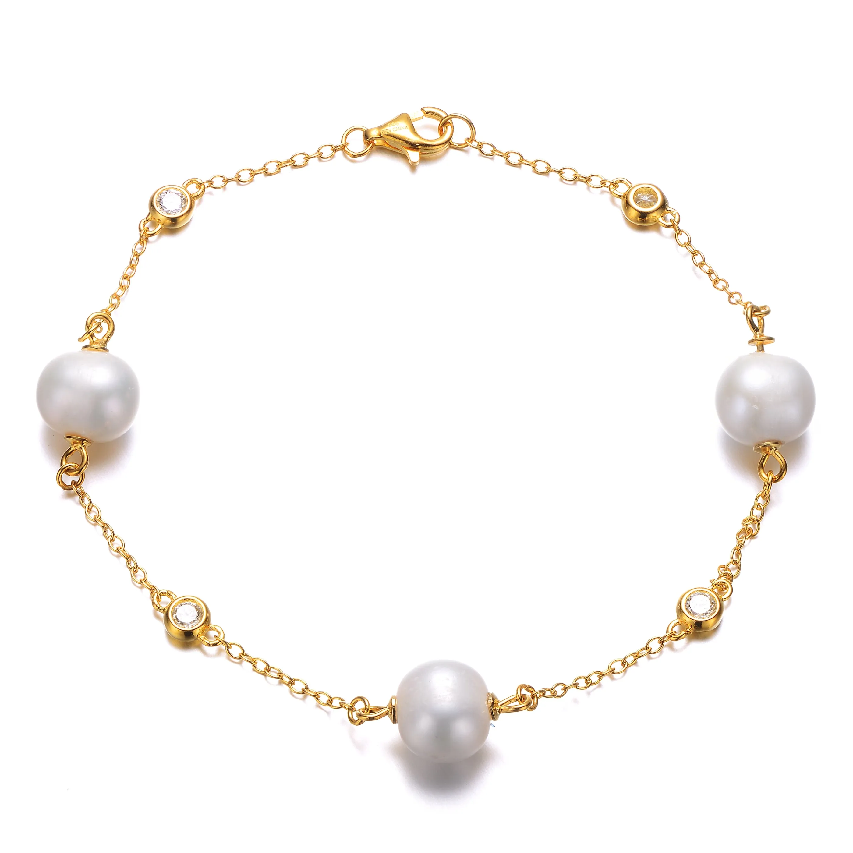 14k Yellow Gold Plated with Freshwater Pearl & Cubic Zirconia Bezel Station Bracelet