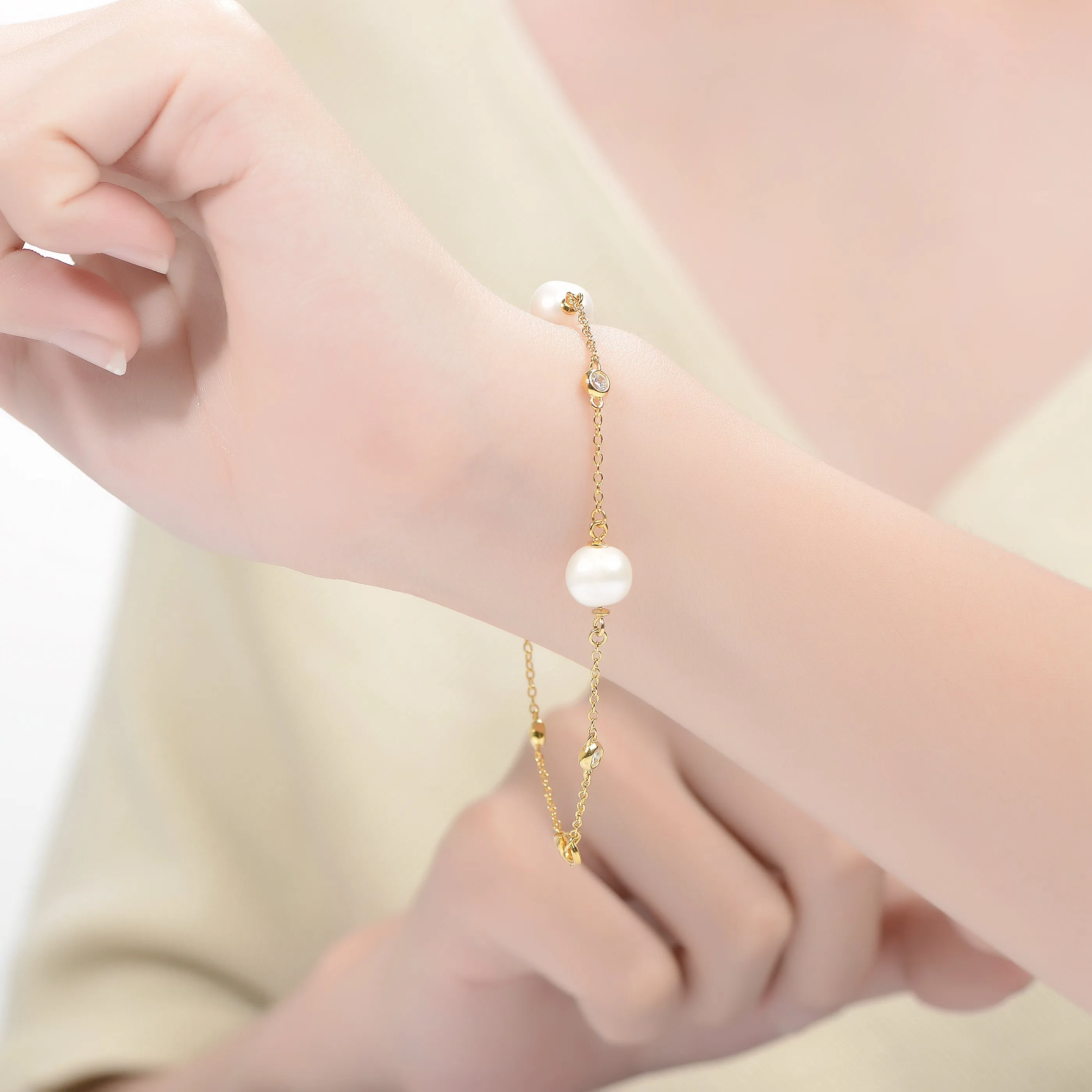 14k Yellow Gold Plated with Freshwater Pearl & Cubic Zirconia Bezel Station Bracelet