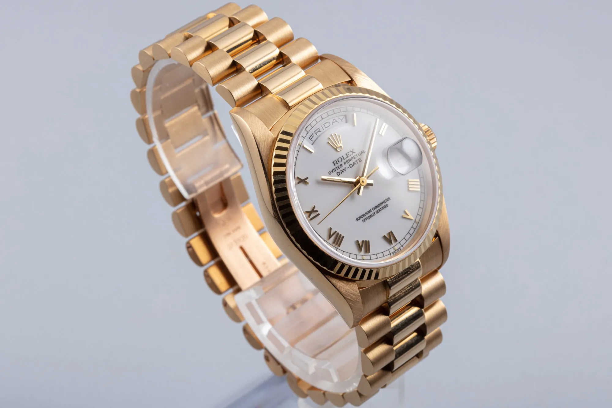 1995 Unpolished Rolex Day-Date 18238 White Dial, Gold Roman Numerals