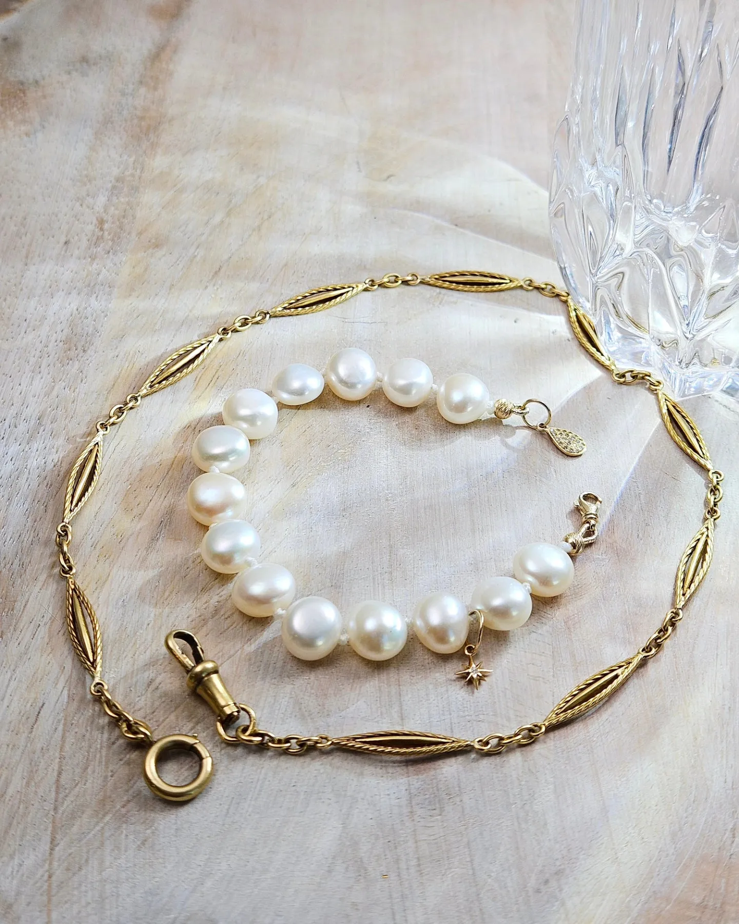 2IN1 - Genuine Antique 18K Yellow Gold Watch Chain and Freshwater Pearl Diamond 14K Gold Bracelet Combo | Indulgems | Antique Jewelry Revamped