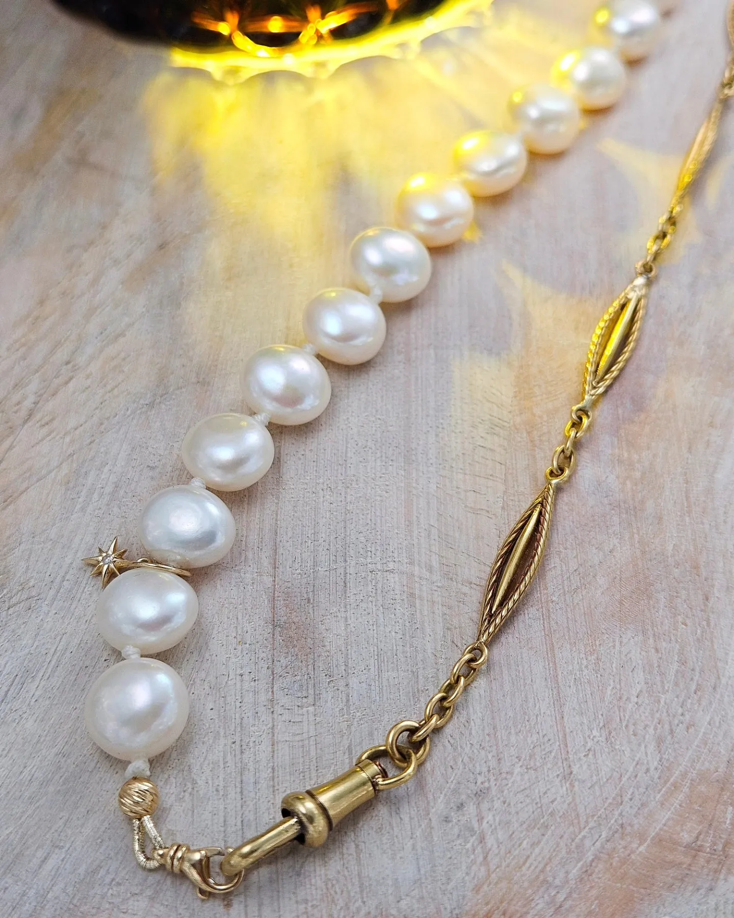 2IN1 - Genuine Antique 18K Yellow Gold Watch Chain and Freshwater Pearl Diamond 14K Gold Bracelet Combo | Indulgems | Antique Jewelry Revamped