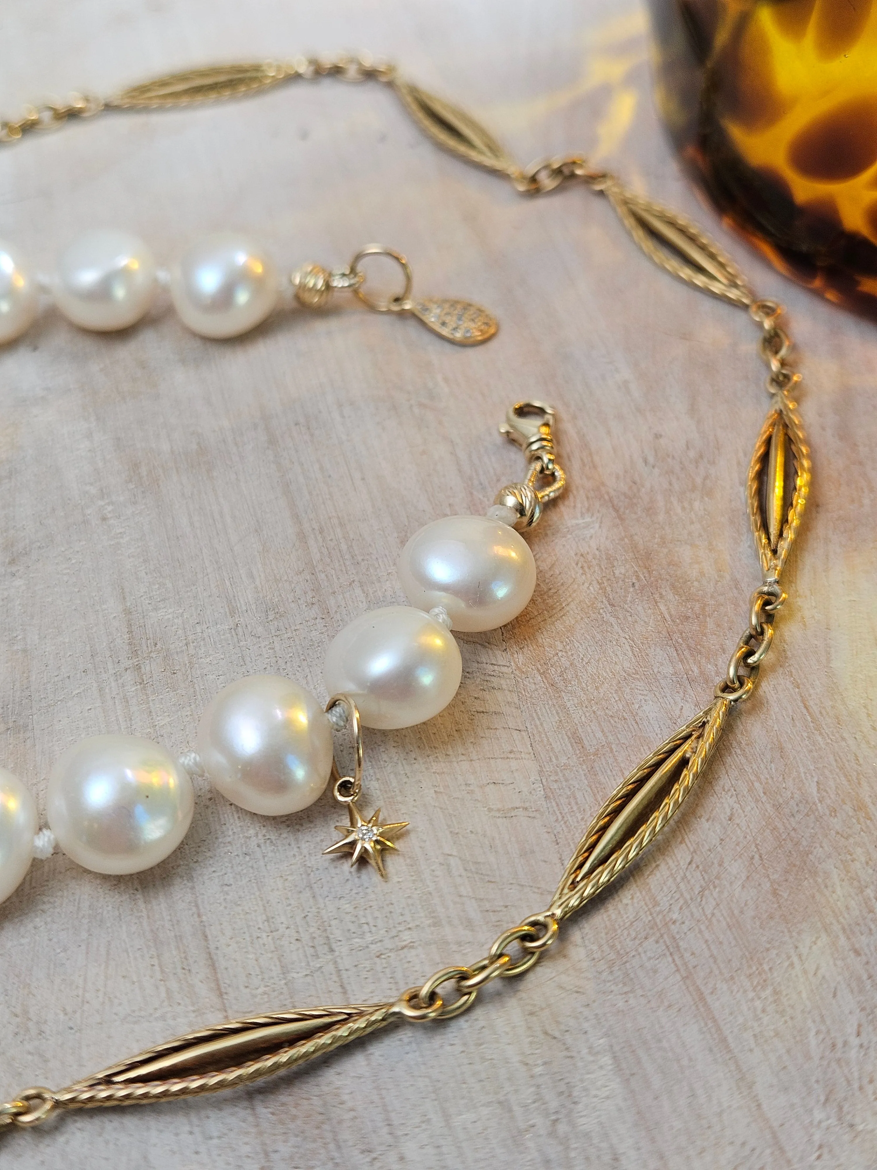 2IN1 - Genuine Antique 18K Yellow Gold Watch Chain and Freshwater Pearl Diamond 14K Gold Bracelet Combo | Indulgems | Antique Jewelry Revamped