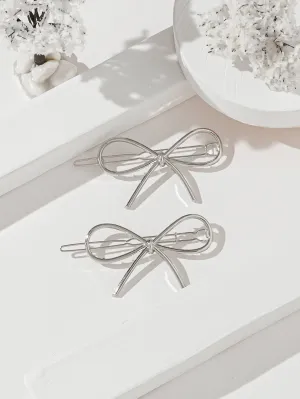 2pcs Silver-tone Bow Decor Hair Clip for Women Barrette Styling Hair Accessories