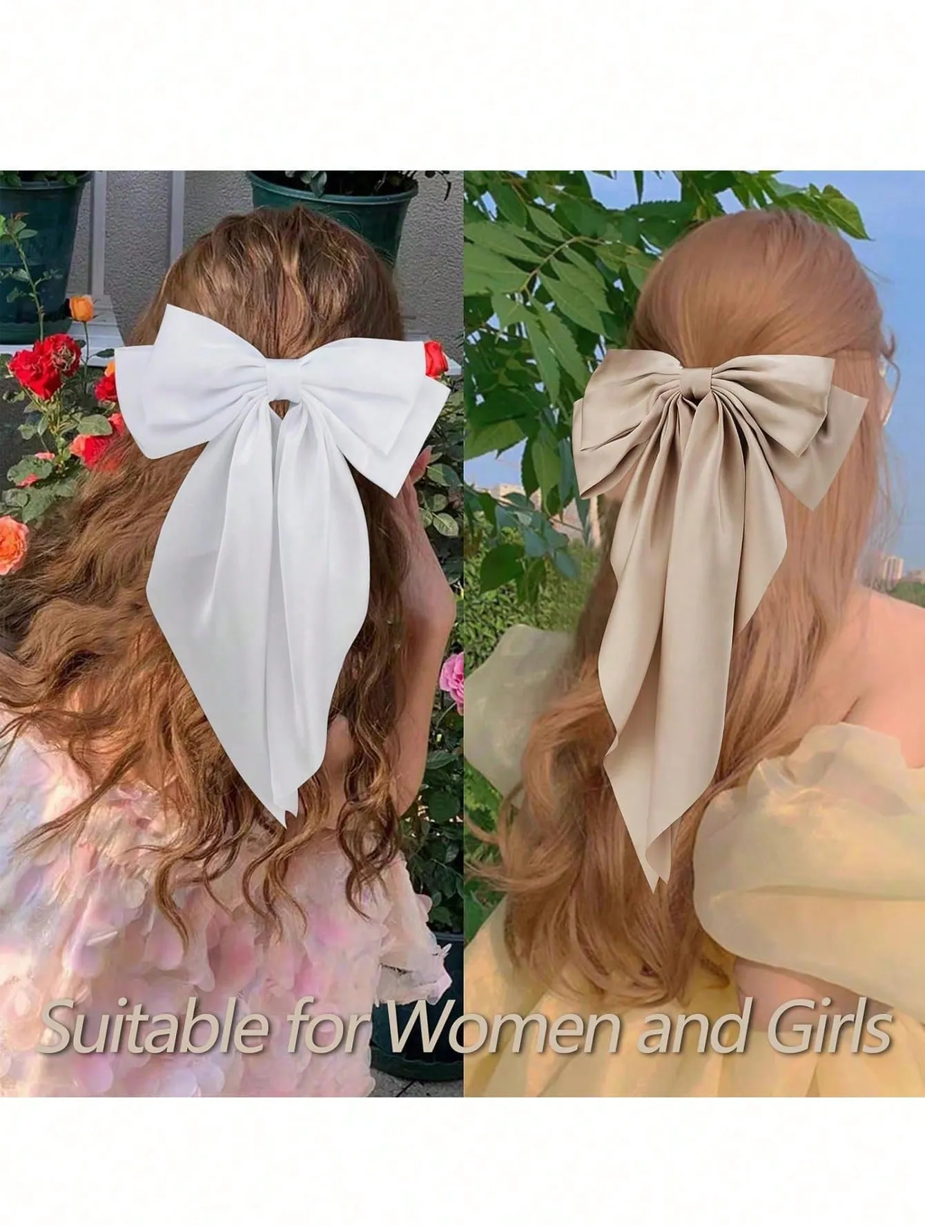 3pcs Women Big Size White/Black/Brown Long Bow Hair Clip for Women Barrette