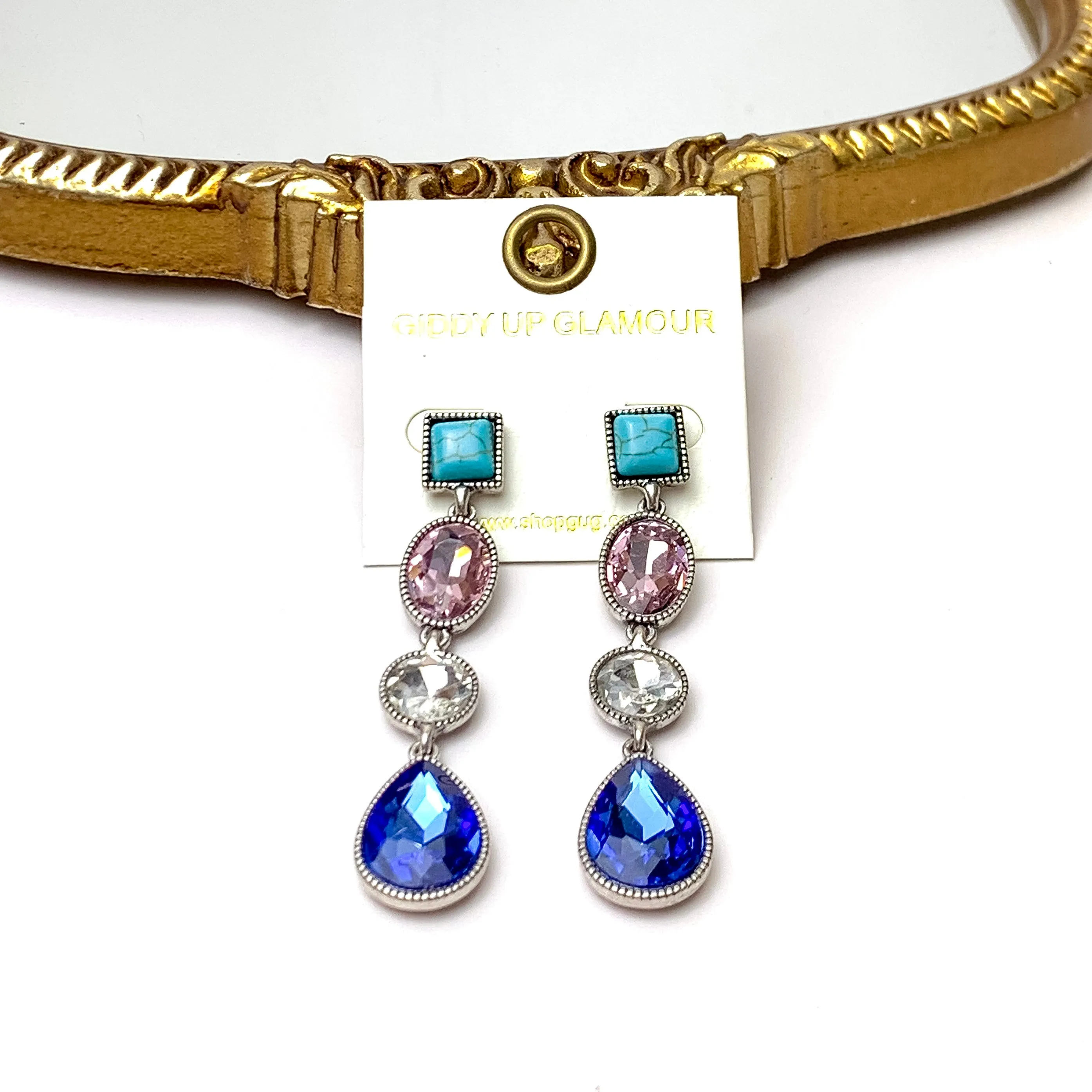 4 Tier Square Post Faux Turquoise and Light Pink and Blue Crystal Dangle Earrings