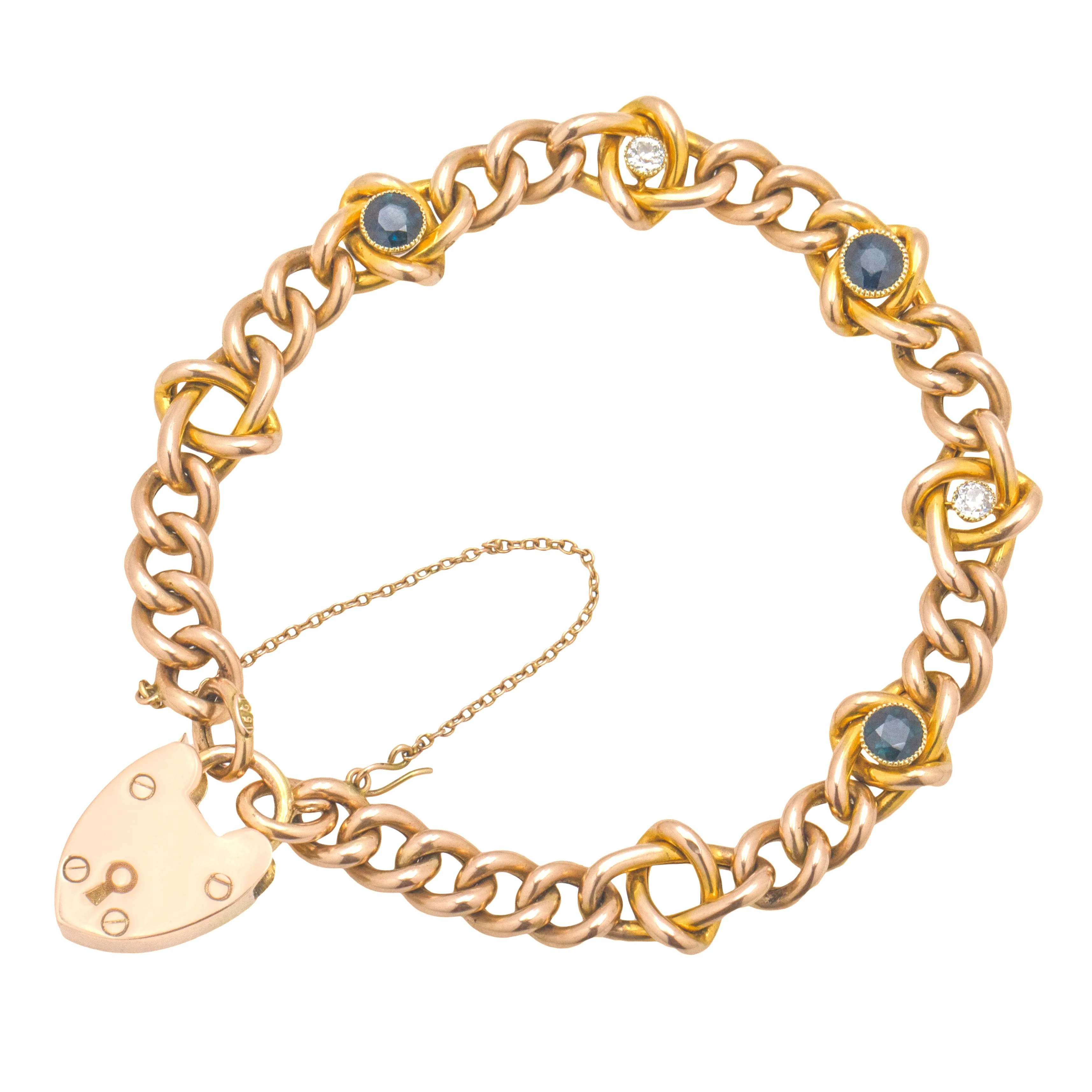 Antique 15ct Gold Sapphire Diamond Bracelet, Heart Padlock