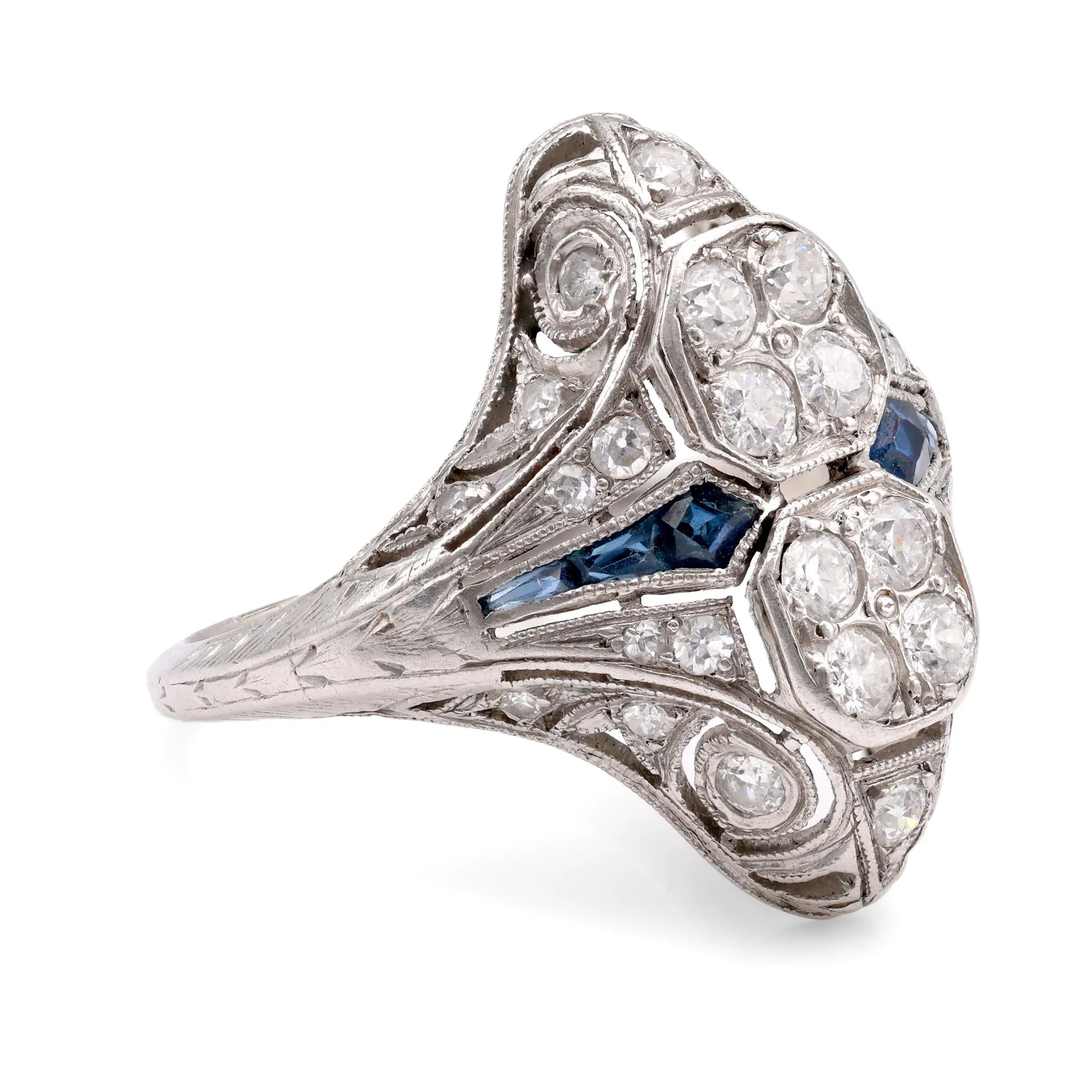 Art Deco Diamond Sapphire Navette Platinum Ring