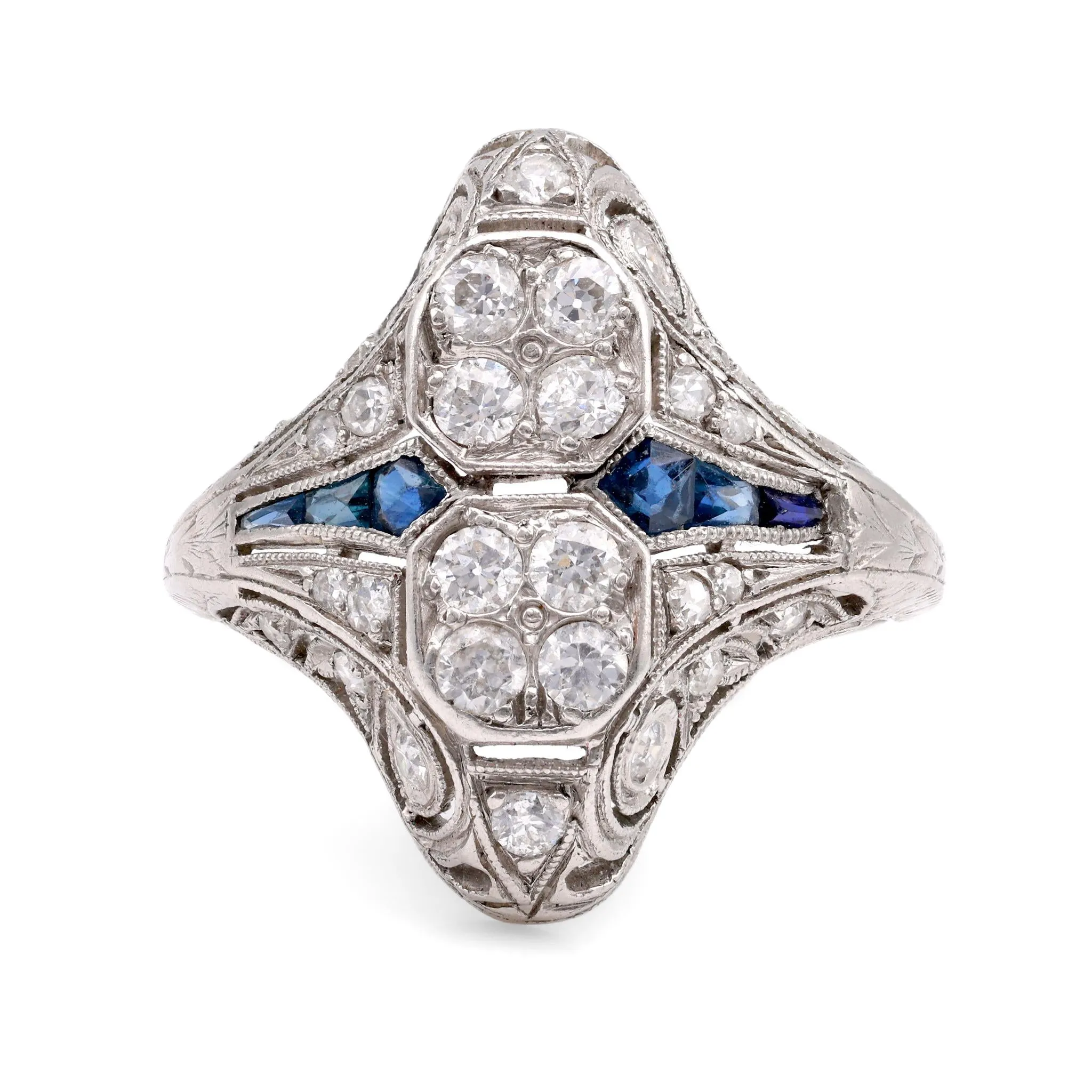 Art Deco Diamond Sapphire Navette Platinum Ring