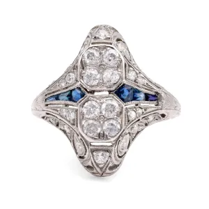 Art Deco Diamond Sapphire Navette Platinum Ring