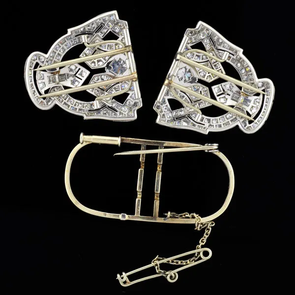 Art Deco Platinum & Diamond Encrusted Pin/Fur Clips 3.51ctw