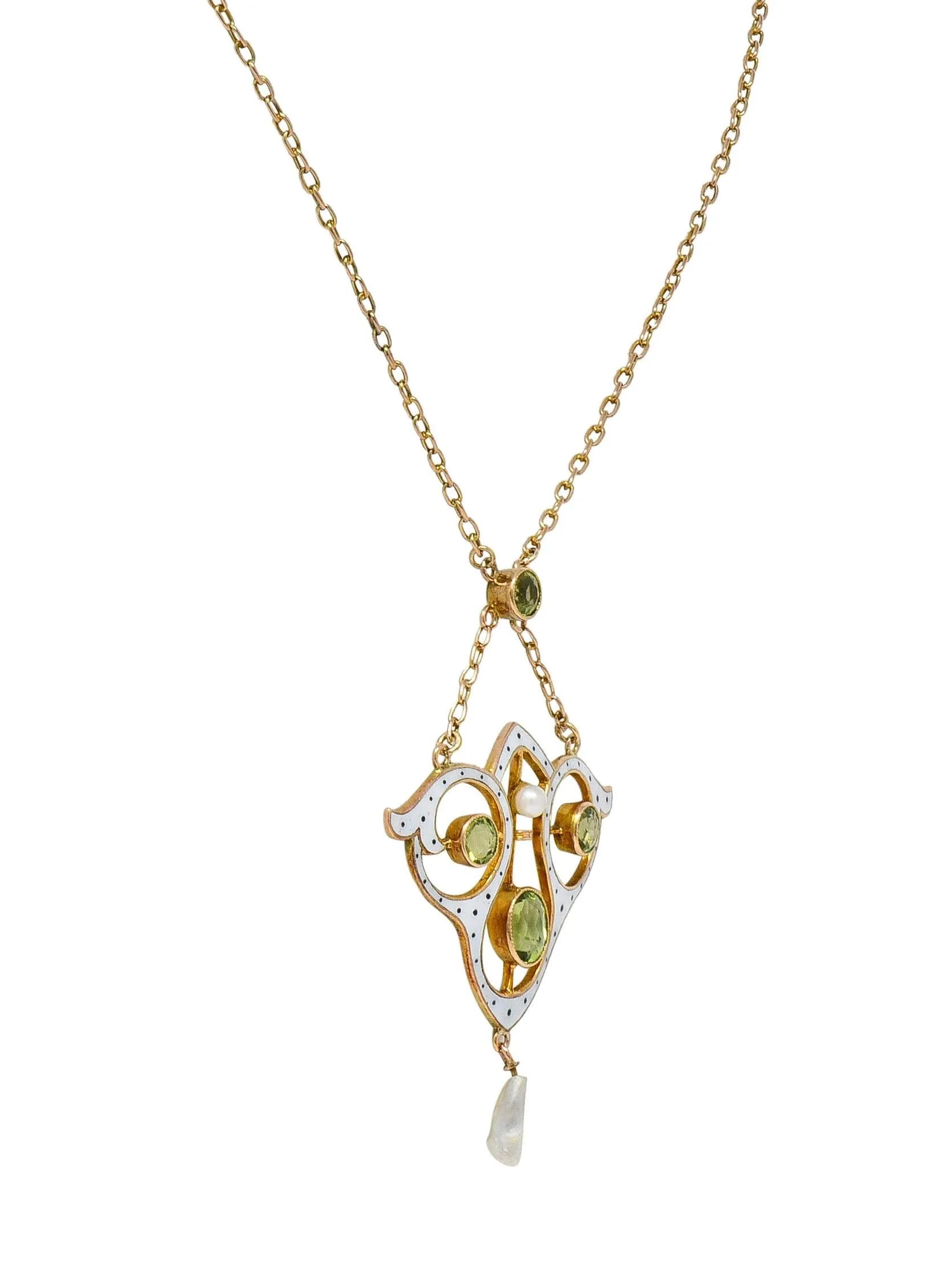 Art Nouveau Peridot Pearl Enamel 9 Karat Rose Gold Antique Lavalier Drop Necklace