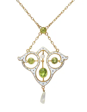 Art Nouveau Peridot Pearl Enamel 9 Karat Rose Gold Antique Lavalier Drop Necklace