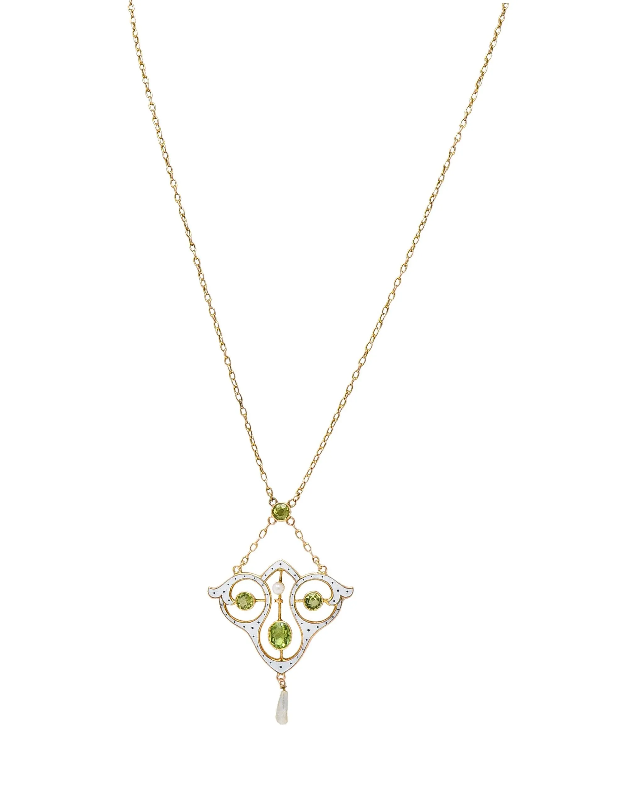 Art Nouveau Peridot Pearl Enamel 9 Karat Rose Gold Antique Lavalier Drop Necklace