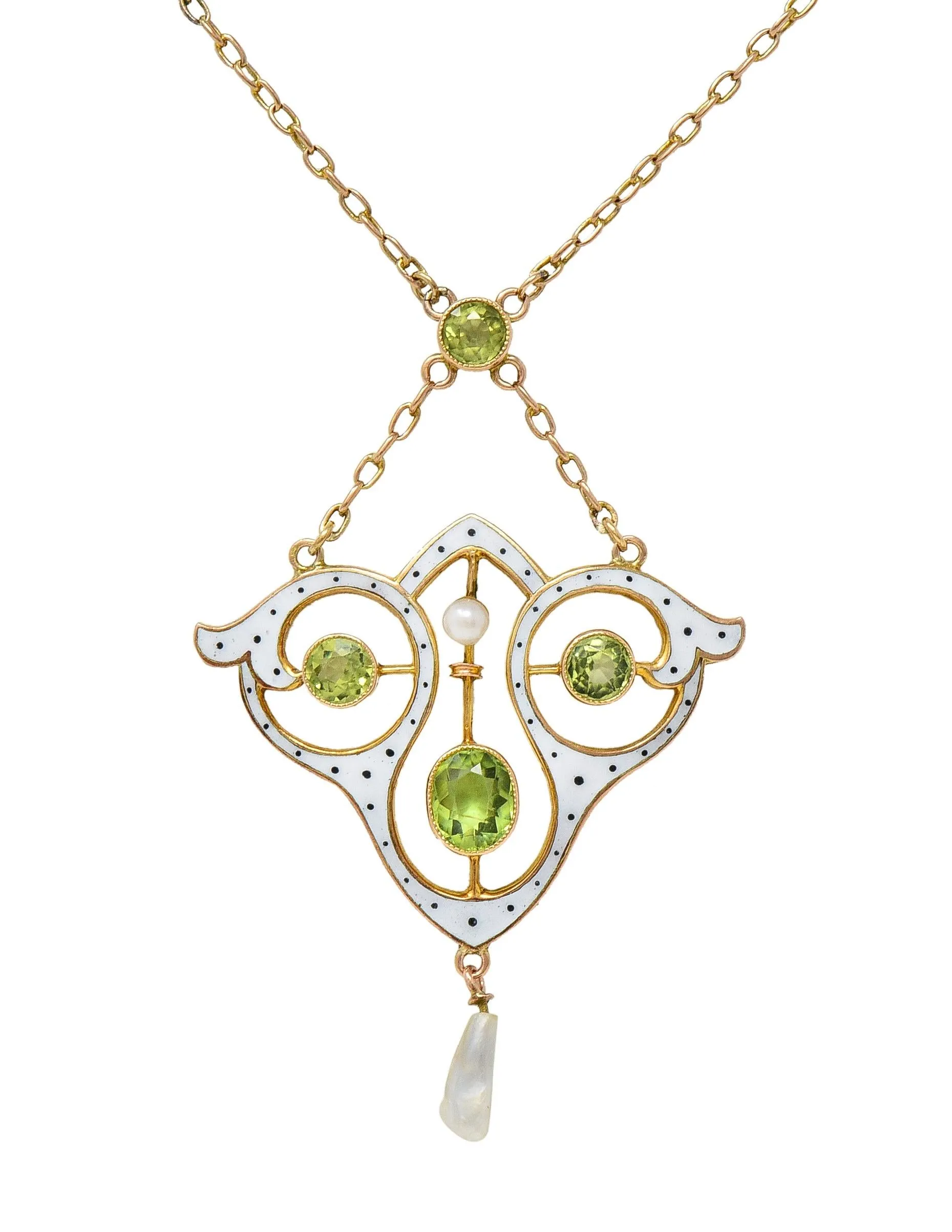 Art Nouveau Peridot Pearl Enamel 9 Karat Rose Gold Antique Lavalier Drop Necklace