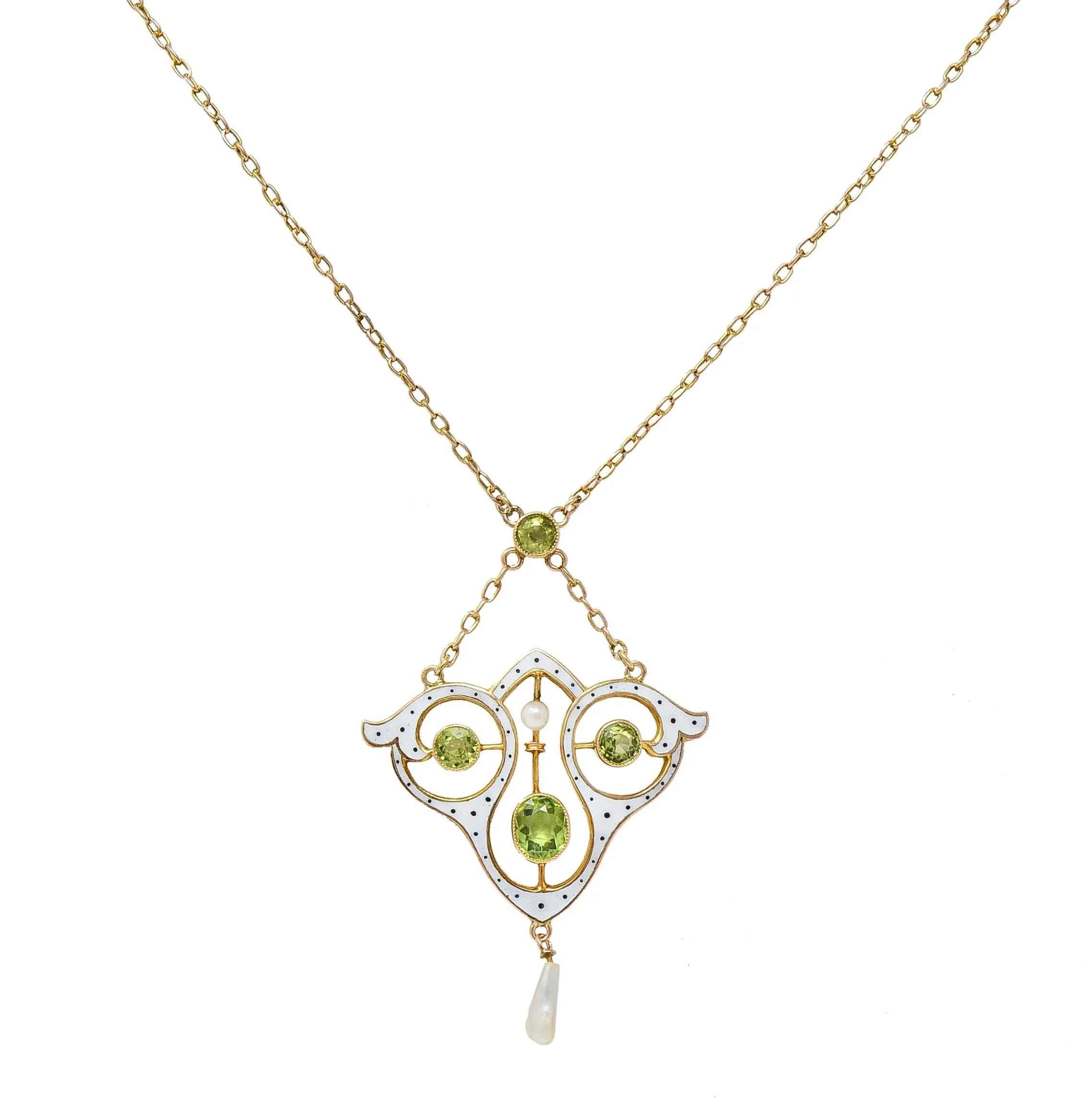 Art Nouveau Peridot Pearl Enamel 9 Karat Rose Gold Antique Lavalier Drop Necklace