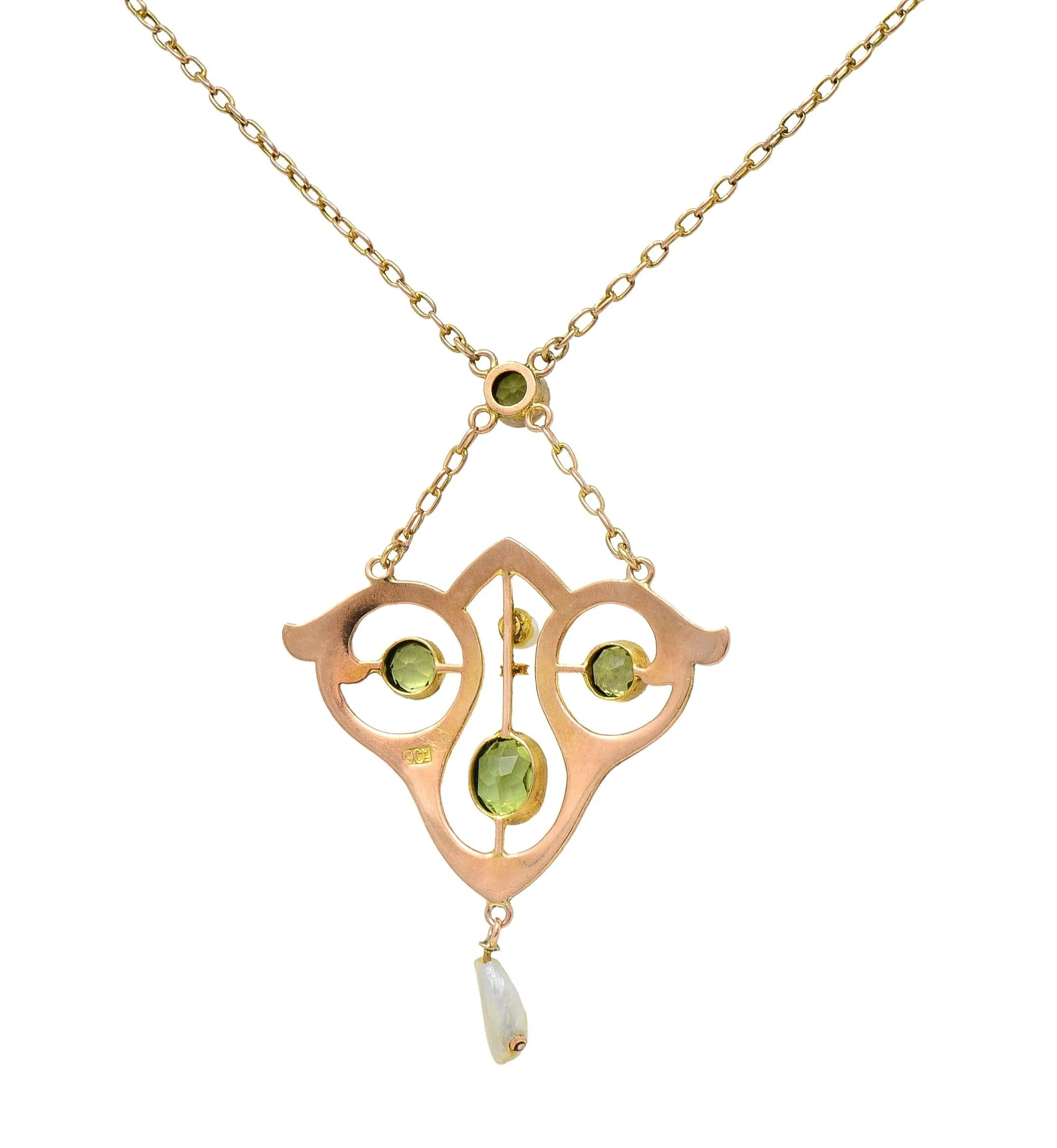 Art Nouveau Peridot Pearl Enamel 9 Karat Rose Gold Antique Lavalier Drop Necklace