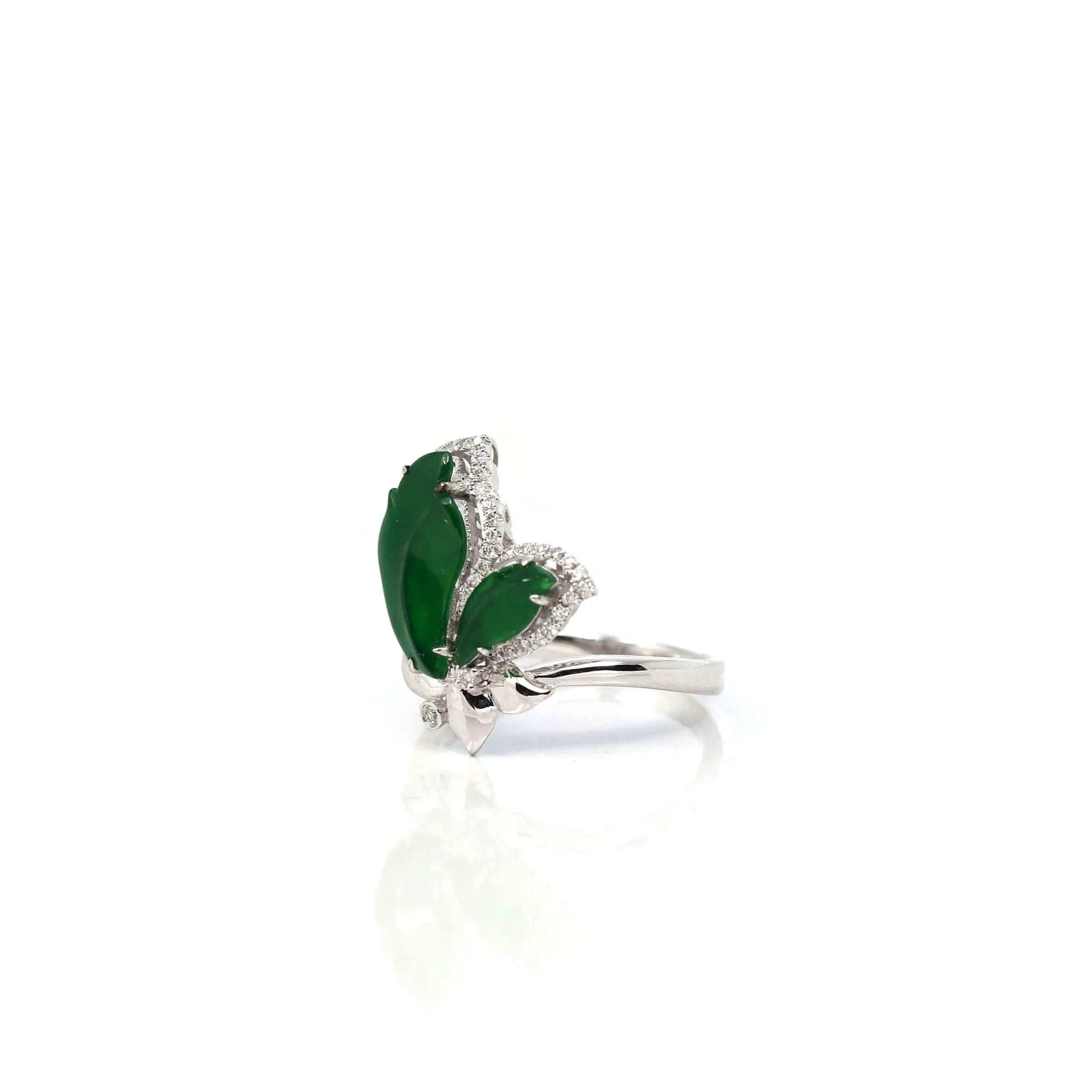 Baikalla 18k White Gold Natural Imperial Jadeite Jade Butterfly Engagement Ring With Diamonds