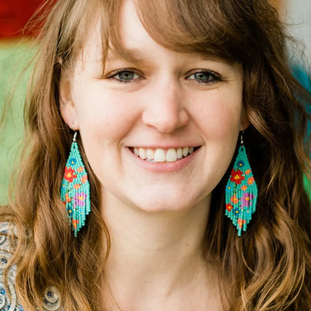 Beaded Flower Fringe Earrings - Turquoise