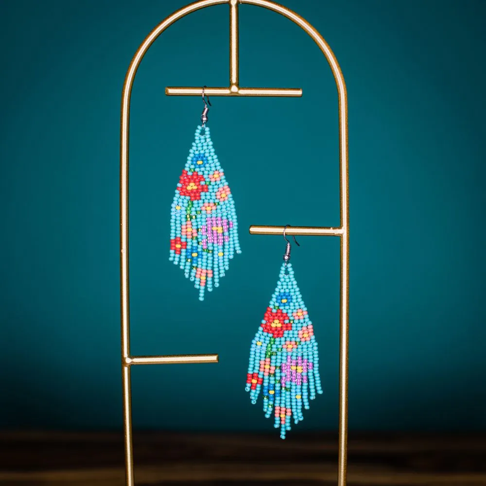 Beaded Flower Fringe Earrings - Turquoise