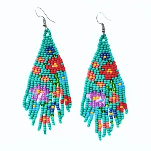 Beaded Flower Fringe Earrings - Turquoise