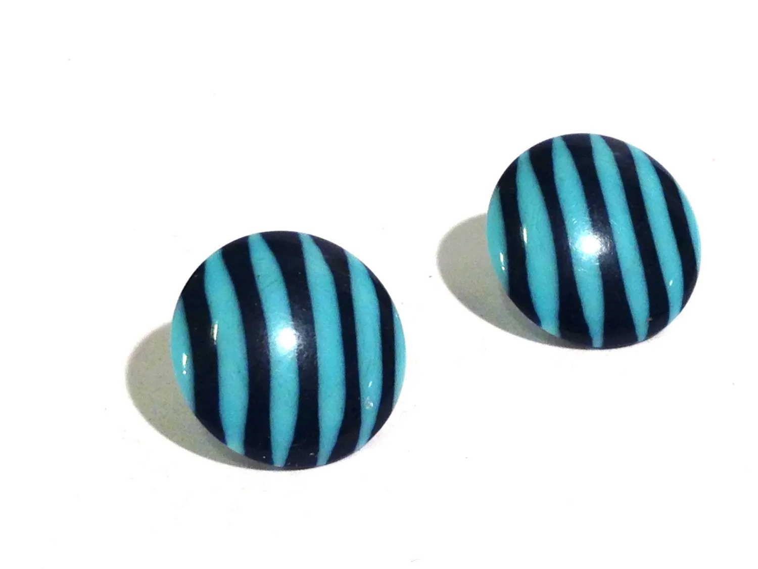 Blue & Turquoise Pin Stripe Disc Stud Earrings