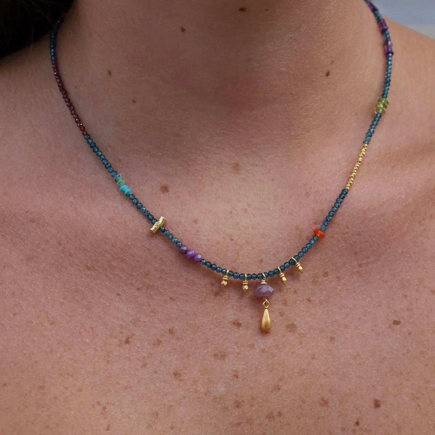 Blue Topaz with Ruby and Gold Gum Drop Necklace