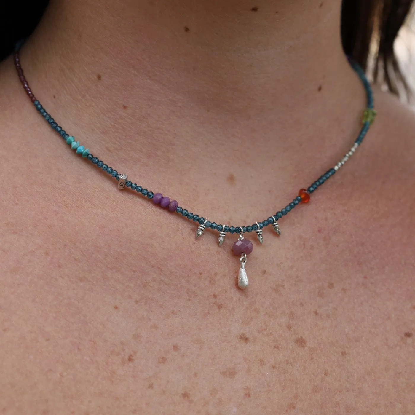 Blue Topaz with Ruby and Silver Gum Drop Necklace