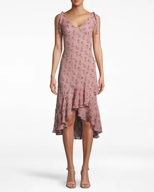 Clipped Rose Asymmetrical Ruffle Tie Dress In Pink Quartz