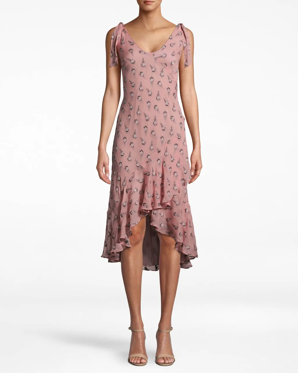 Clipped Rose Asymmetrical Ruffle Tie Dress In Pink Quartz