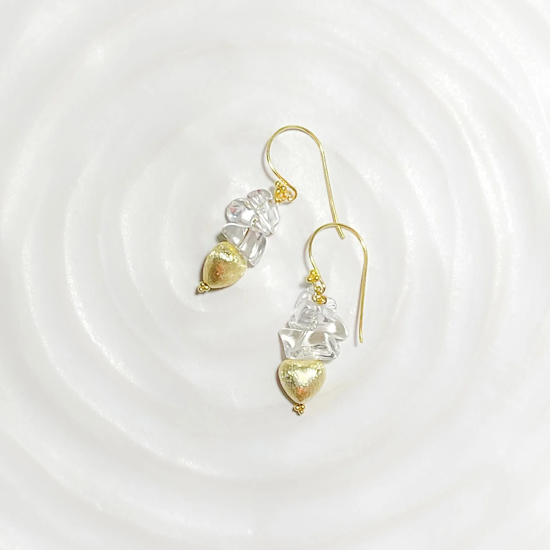 Crystal quartz and gold heart short drop earrings