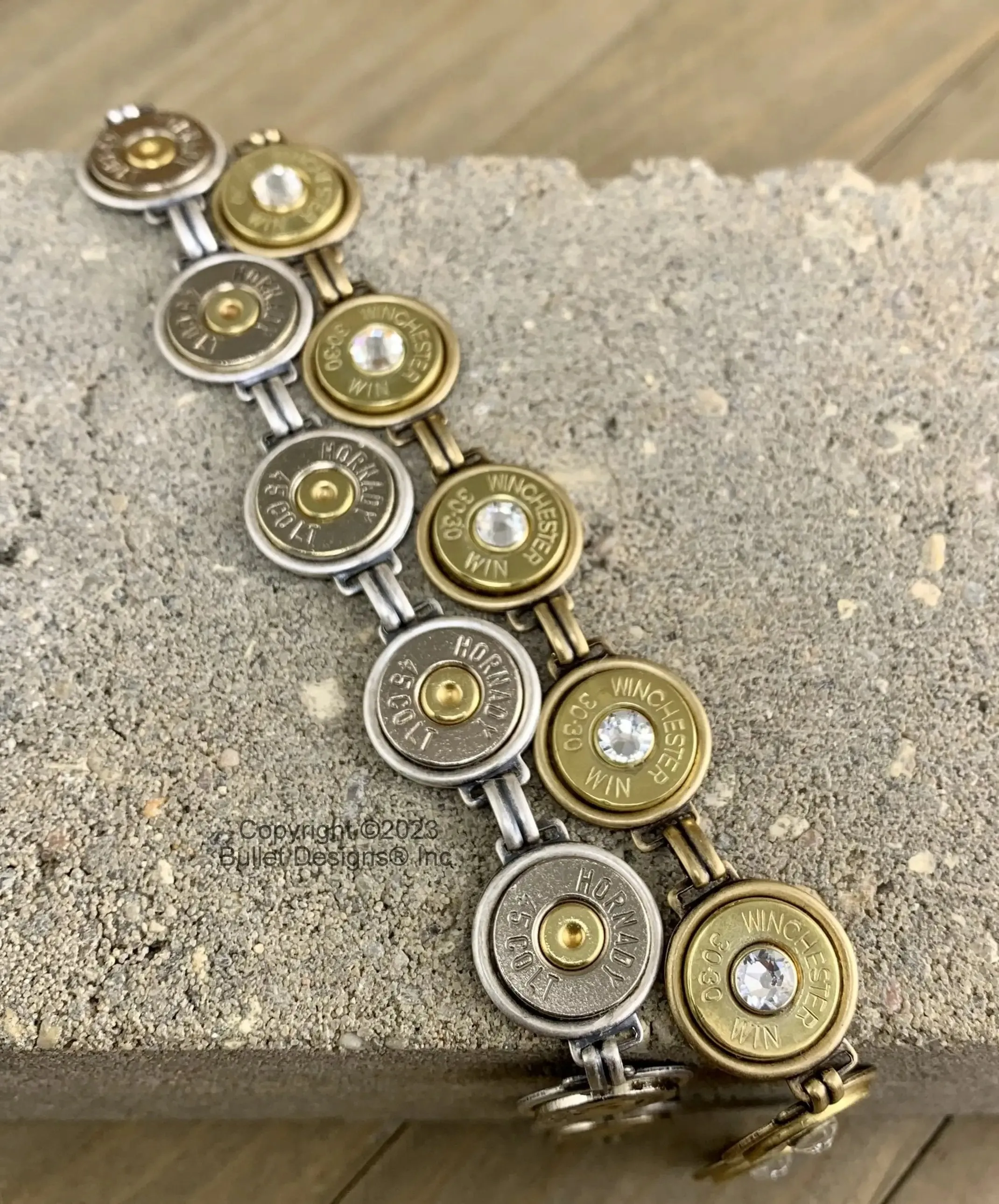 Custom Tennis Bracelet, 44 Mag, Colt 45, 30-30, Real Bullet Bracelet, Recycled, Swarovski Crystals, Silver or Bronze/Gold Tone