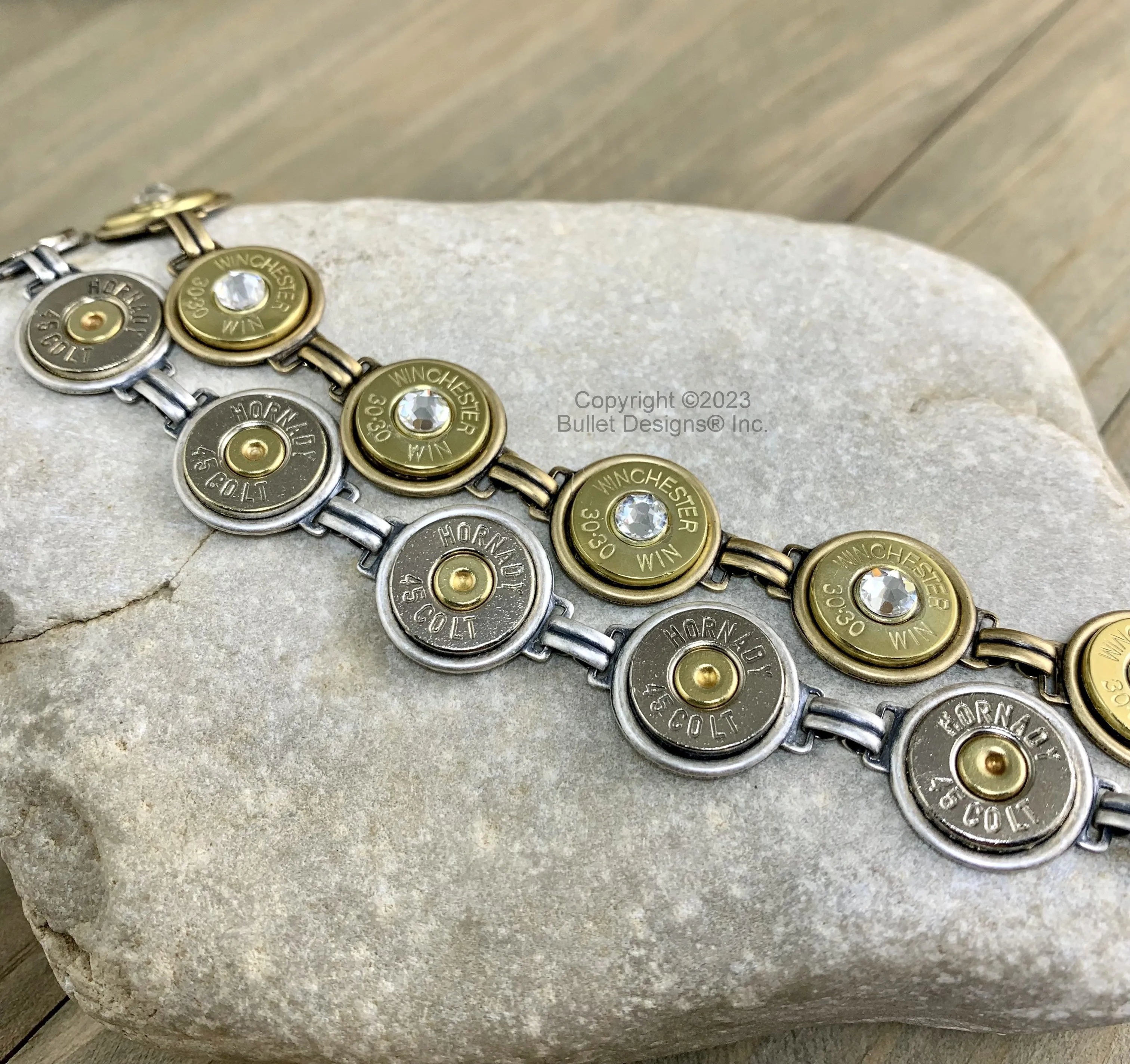 Custom Tennis Bracelet, 44 Mag, Colt 45, 30-30, Real Bullet Bracelet, Recycled, Swarovski Crystals, Silver or Bronze/Gold Tone