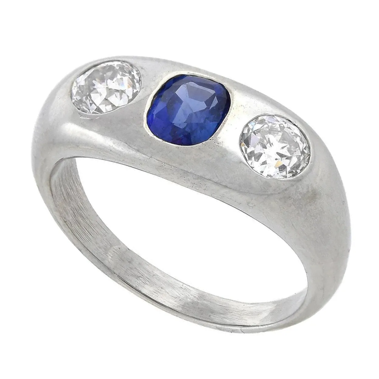 Edwardian Platinum Sapphire   Mine Cut Diamond 3-Stone Ring