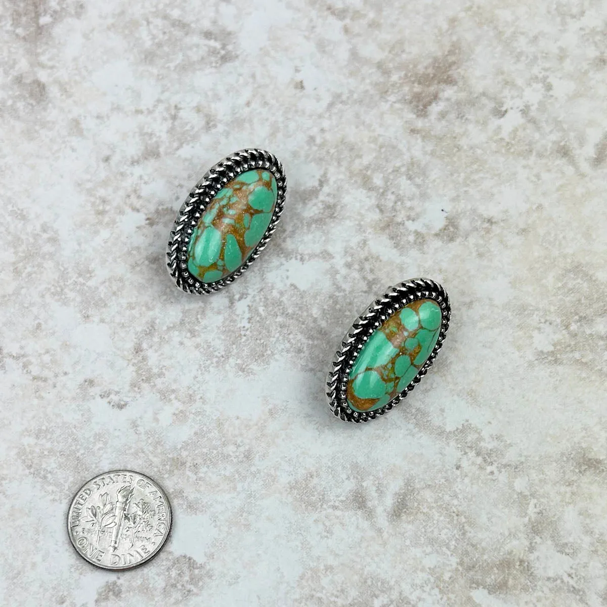 ER230530-05 Silver With Turquoise Stone Oval Post Earrings