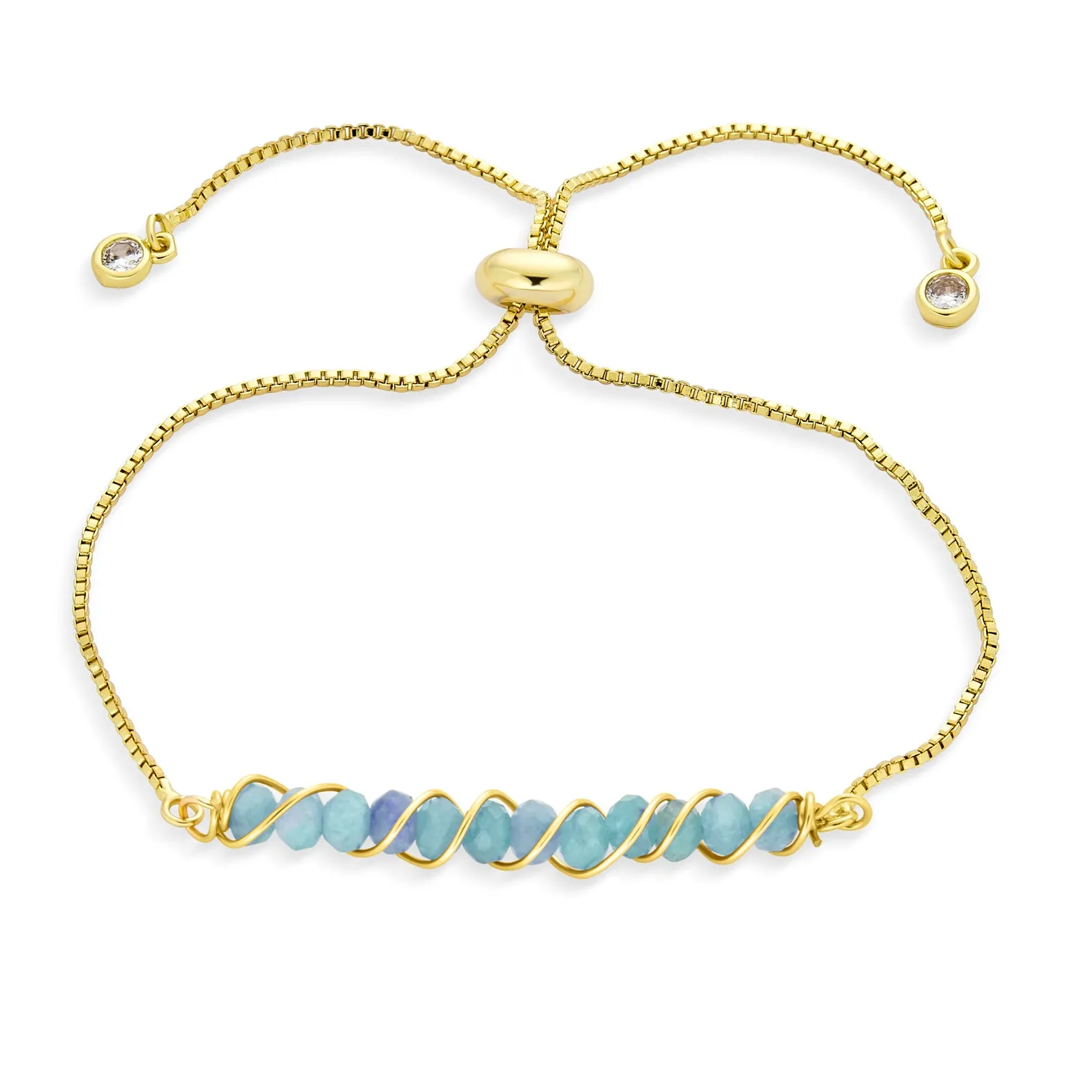 Fashion Gemstone Bolo Bracelet with Pink Tourmaline and Aquamarine 18K Gold Plated