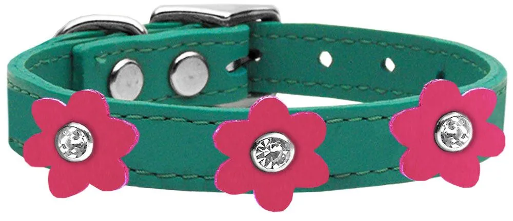 Flower Leather Collar Jade With Pink Flowers Size 14