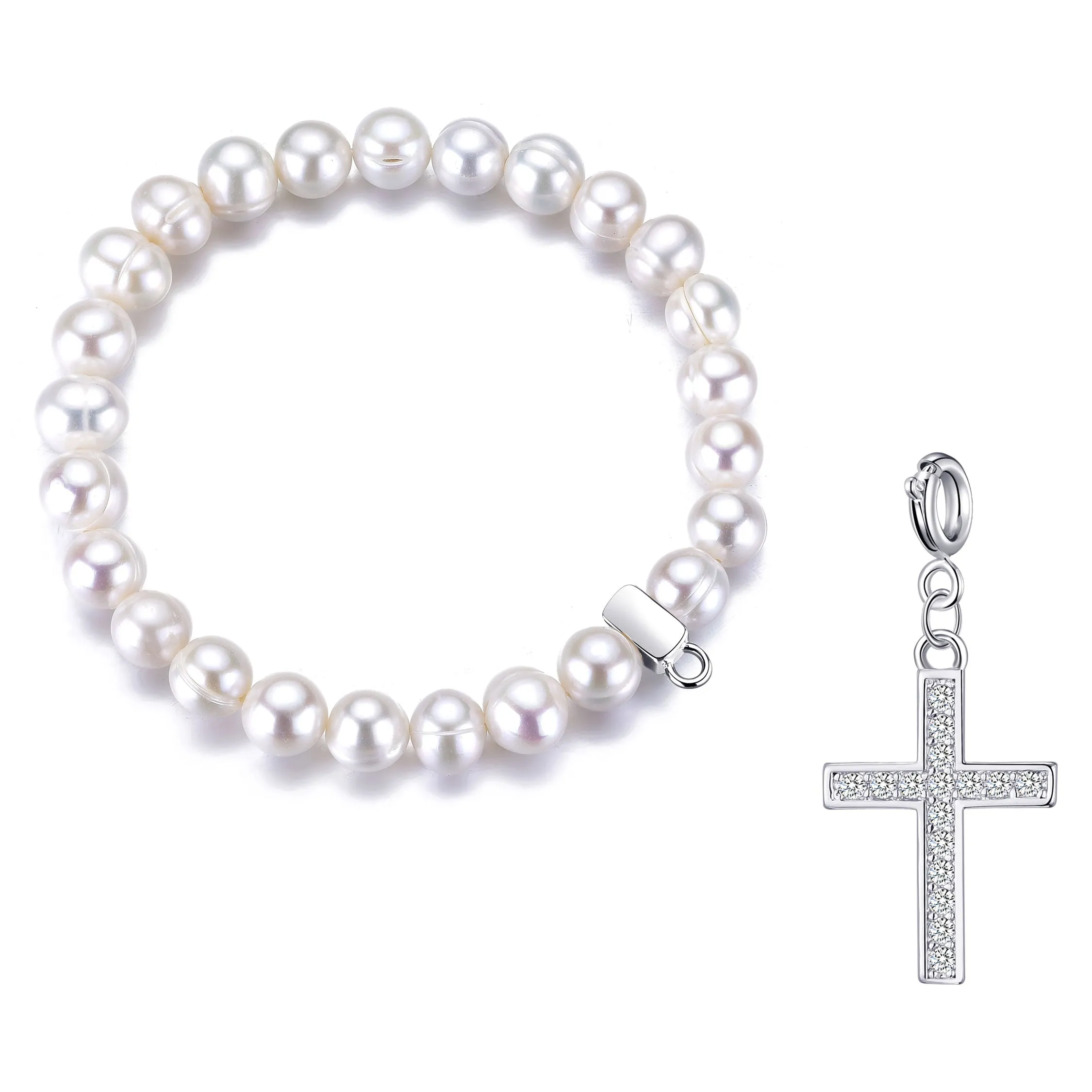 Freshwater Baroque Pearl Stretch Bracelet with Charm Created with Zircondia® Crystals