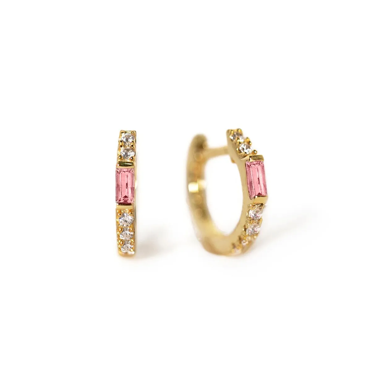 Gemstone Baguette Huggie Earrings Pink