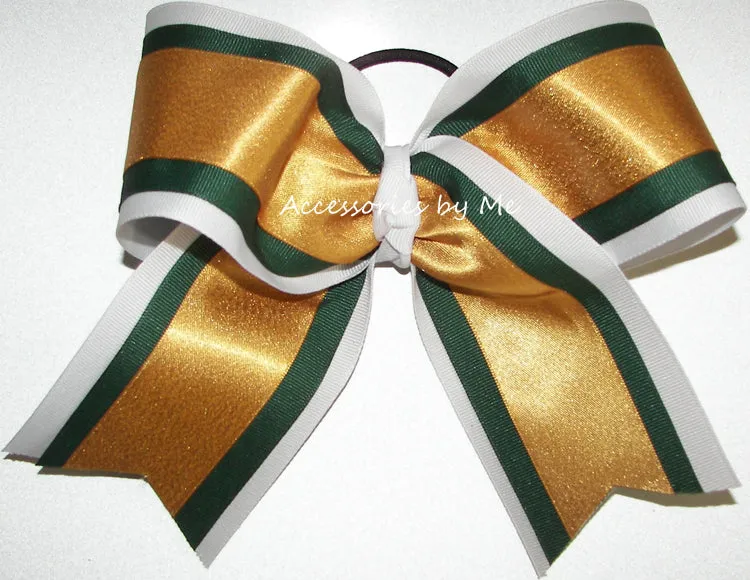 Glitter Gold White Green Cheer Bow