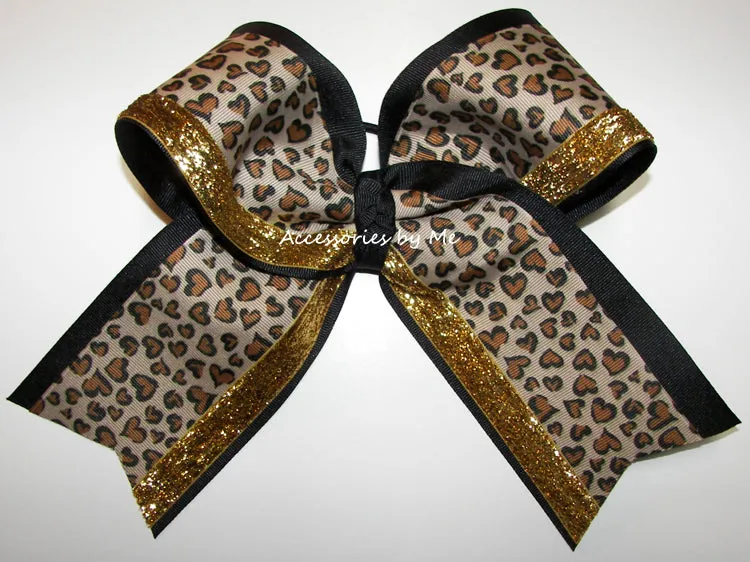 Glitter Leopard Black Gold Cheer Bow