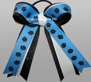 Glitter Paw Print Blue Black Ponytail Bow